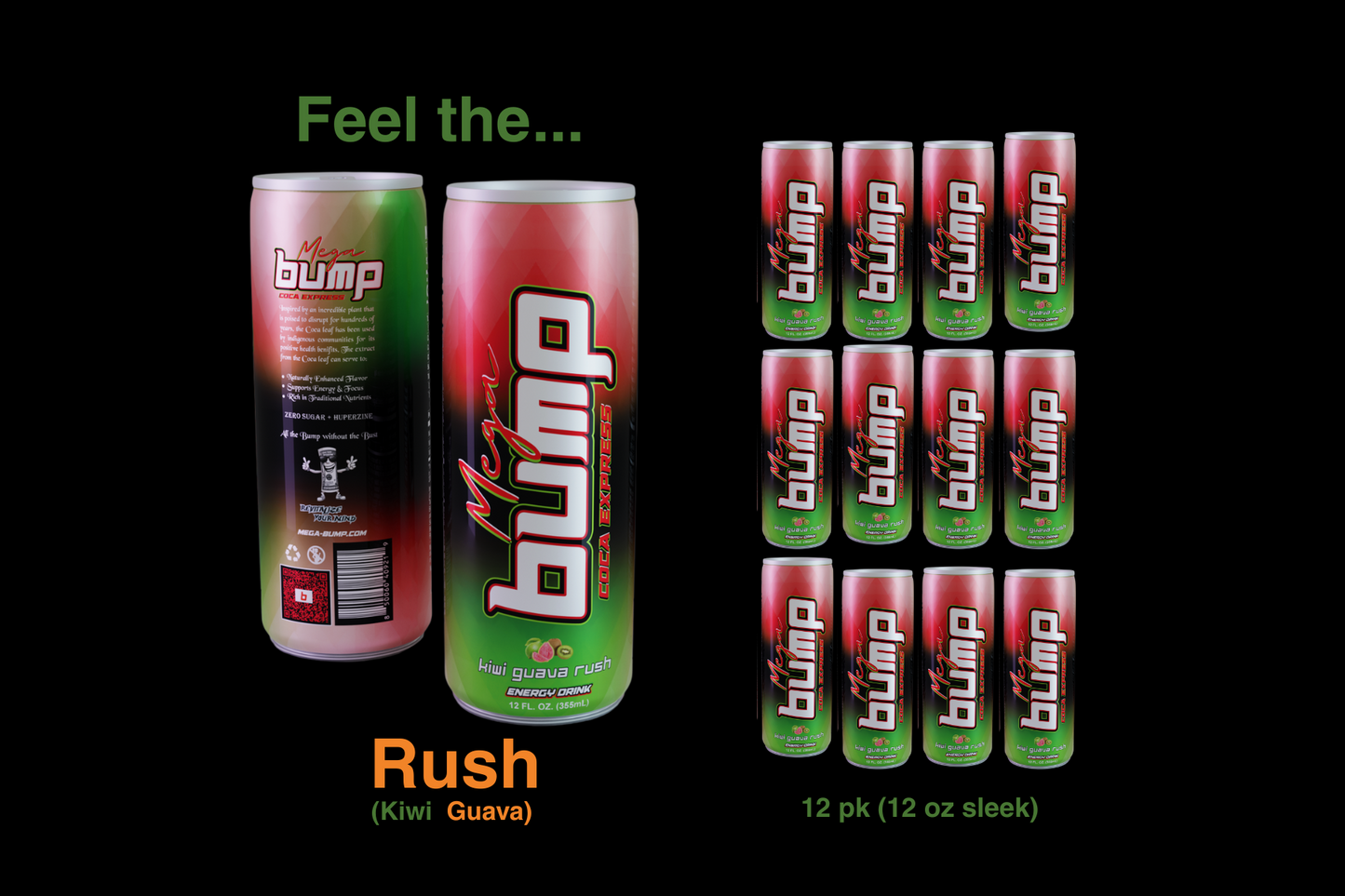 Mega Bump Energy Drink - Rush Kiwi Guava Flavor (12-Pack, 12 oz Sleek Cans)