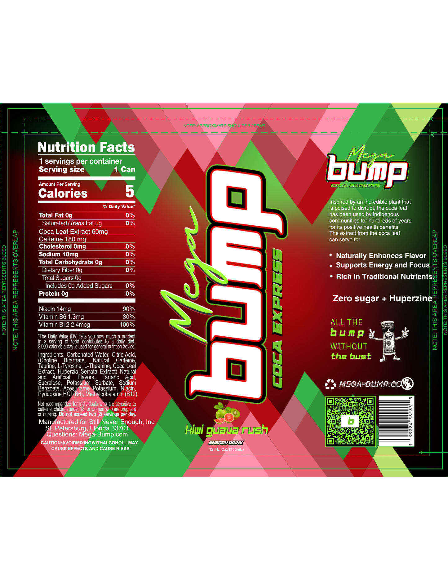 Mega Bump Energy Drink - Rush Kiwi Guava Flavor (12-Pack, 12 oz Sleek Cans)