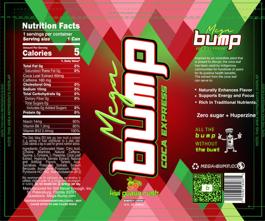 Mega Bump Energy Drink - Rush Kiwi Guava Flavor - Coca Leaf Infused, Low Calorie 12-Pack
