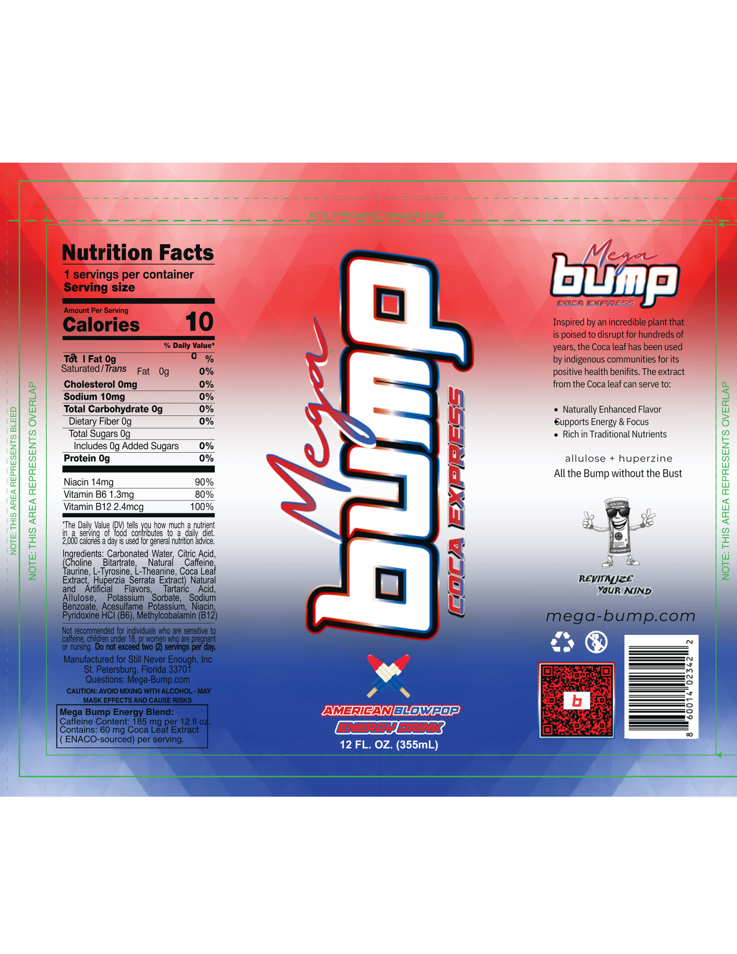 Mega Bump Energy Drink - American Blow Pop--Rocket Pop Flavor (12-Pack, 12 oz Sleek Cans)